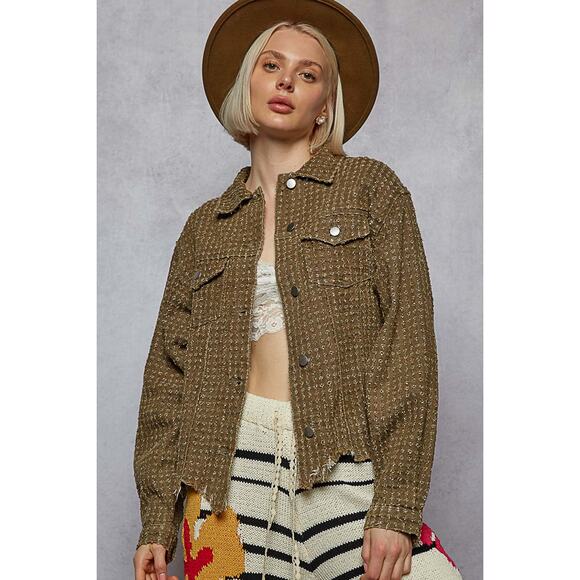 POL Long Sleeves Raw Hem Button Up Chest Pockets Cropped Denim Jacket | Olive - Picture 5 of 5